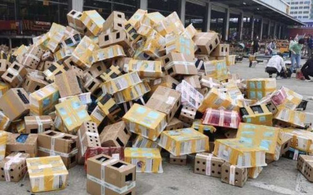 Boxes that had contained live rabbits, guinea pigs, cats and dogs without food or water are seen at the Dongxing Logistics station in Luohe city, in China's Henan province
